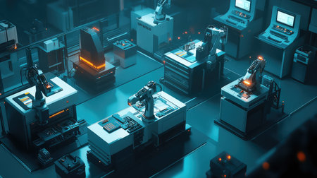 Neon-lit smart factory with automated robotic machines operating under AI control, digital transformation in manufacturing with copy space.の素材