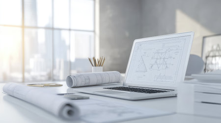 Minimalist white engineering workspace with modern tools, rolled blueprints, and a laptop displaying D CAD designs.の素材