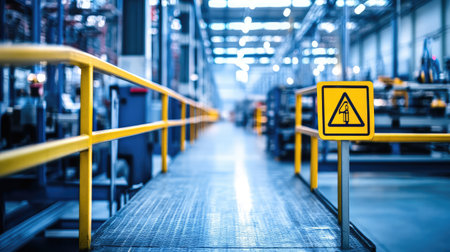 Safety handrails and warning signs on a factory floor near heavy machinery, with a well-maintained clean factory setting in the background and copy space for text.の素材