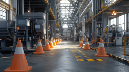 Safety cones and barriers around factory machinery, with clear signage and a neat, organized industrial setting, leaving space for safety messages.の素材
