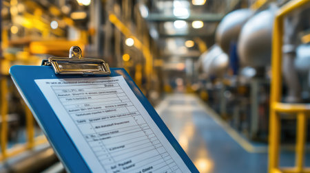 Safety inspection checklist on a clipboard in a factory setting, with visible factory tools and equipment in the background, and plenty of copy space.の素材