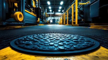 Safety mats and protective covers on the factory floor near dangerous machinery, illuminated by overhead lights, with an industrial background and ample copy space.の素材
