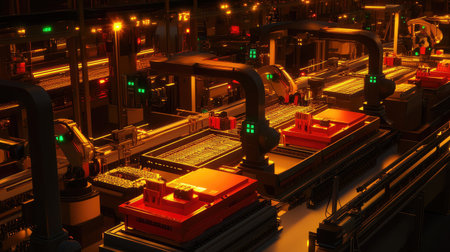 Smart factory with robots handling assembly, digital sensors, and automated systems, synchronized high-tech machinery with glowing lighting and copy space.の素材