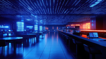 Smart factory with robotic automation handling logistics and materials, digital interfaces and glowing controls visible in the background with ample copy space.の素材