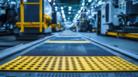 Safety mats and protective covers on the factory floor near dangerous machinery, illuminated by overhead lights, with an industrial background and ample copy space.の素材