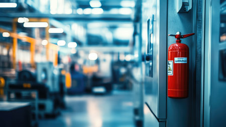 Safety signage in a factory setting, caution signs on walls, fire extinguisher, and safety equipment visible in a clean industrial environment with copy space.の素材