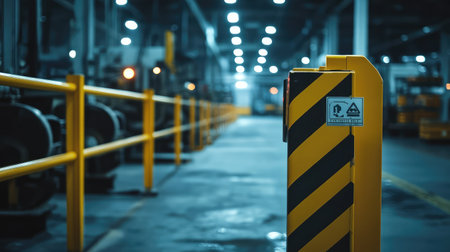 Safety handrails and warning signs on a factory floor near heavy machinery, with a well-maintained clean factory setting in the background and copy space for text.の素材