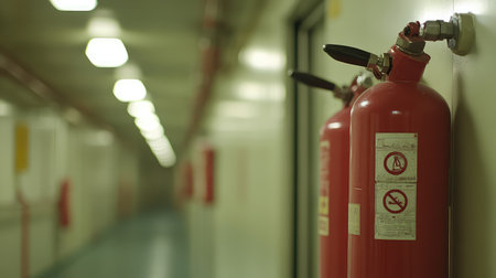Safety signage in a factory setting, caution signs on walls, fire extinguisher, and safety equipment visible in a clean industrial environment with copy space.の素材
