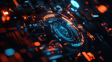 Smart AI robotic assistant operating a holographic interface, futuristic technology background with abstract automation elements and copy space.の素材