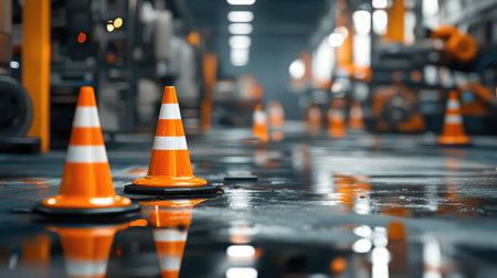 Safety cones and barriers around factory machinery, with clear signage and a neat, organized industrial setting, leaving space for safety messages.の素材