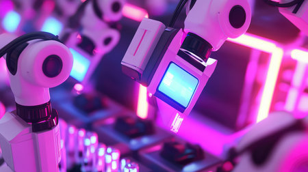 Smart factory floor with AI-driven robotic arms sorting and assembling products, digital monitoring systems and glowing lights illuminating the automated setting with copy space.の素材