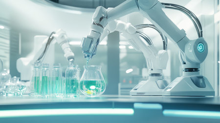 Smart robotic arms packaging pharmaceuticals in an automated laboratory, futuristic AI-driven medical industry background with copy space.の素材