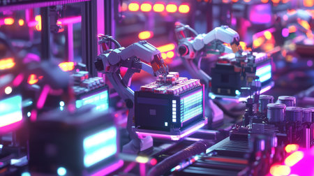 Smart factory floor with AI-driven robotic arms sorting and assembling products, digital monitoring systems and glowing lights illuminating the automated setting with copy space.の素材
