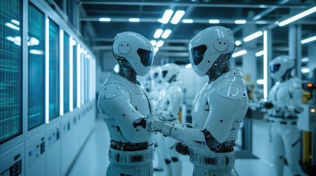 Smart factory with advanced robotics managing complex assembly tasks, digital control panels, and glowing neon lights illuminating the high-tech production floor with copy space.の素材