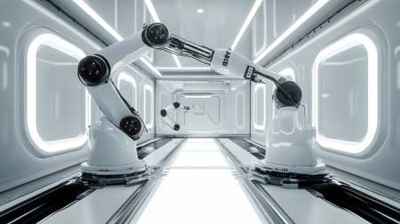 Smart robotic automation in a pharmaceutical lab, robotic arms handling lab equipment in a futuristic setting with clean white lighting and copy space.の素材