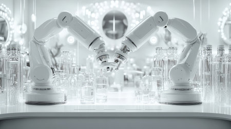 Smart robotic automation in a pharmaceutical lab, robotic arms handling lab equipment in a futuristic setting with clean white lighting and copy space.の素材