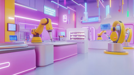 Smart factory with AI-powered robotic arms handling material sorting and quality control, automated systems and digital monitoring screens visible, clean background with copy space.の素材