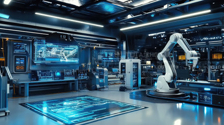 Smart manufacturing facility with AI-controlled robotic arms and digital interfaces, automated systems monitoring the process, and blue-toned lighting in a clean factory environment with copy space.の素材
