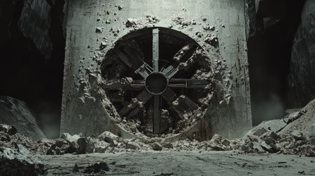 Symmetrical tunnel boring machine in action, carving through bedrock with precision engineering.の素材