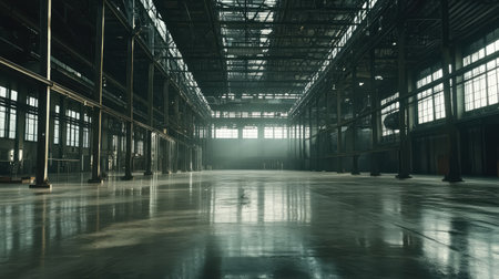 Spacious factory interior with metal structures, steel beams, and overhead industrial lighting. A futuristic, clean environment with a polished concrete floor and an open workspace ready for production.の素材
