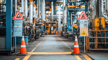 View of an industrial facility with clear safety signage, safety cones, and protective barriers near dangerous equipment, organized and ready for copy space.の素材