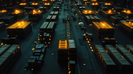 Top-down view of a high-tech industrial facility with automated conveyor belts, robotic arms, and futuristic lighting. A seamless, high-speed production environment.の素材