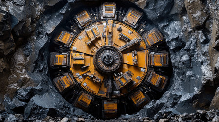 Symmetrical tunnel boring machine in action, carving through bedrock with precision engineering.の素材