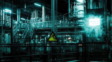 View of a factory work area with warning signs, protective barriers, and clean factory equipment in the background, with space for safety-related messages.の素材