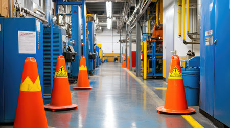 View of an industrial facility with clear safety signage, safety cones, and protective barriers near dangerous equipment, organized and ready for copy space.の素材