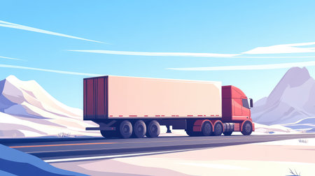 Wide shot of a transport truck passing by a scenic road through mountains, with a freight load visible on the back and a clear sky above for copy space.の素材