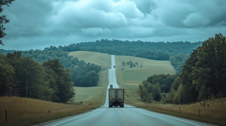 Wide shot of a freight truck on a quiet road through the countryside, with large cargo on the back and plenty of space for transport-related copy.の素材