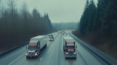 Wide-angle view of a busy highway with multiple freight trucks and cargo vehicles driving, showcasing the busy nature of freight transport with copy space.の素材