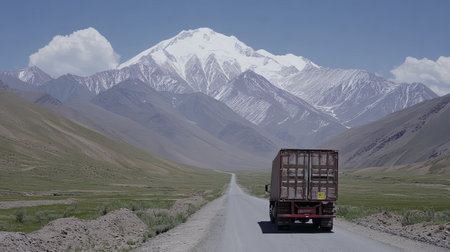 Wide shot of a transport truck passing by a scenic road through mountains, with a freight load visible on the back and a clear sky above for copy space.の素材