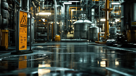 View of a factory work area with warning signs, protective barriers, and clean factory equipment in the background, with space for safety-related messages.の素材