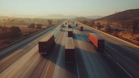 Wide view of a highway with several long freight trucks traveling side by side, with a clear sky for copy about logistics and freight transport.の素材