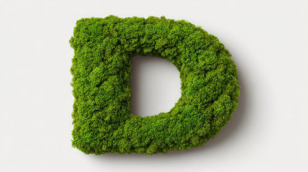 Alphabet letter D cut from green moss on white background, natural eco style with clear copy spaceの素材