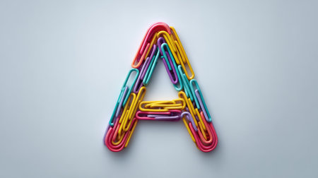 Artistic arrangement of the letter A formed by colorful paperclips on white background, clean and minimal with copy spaceの素材