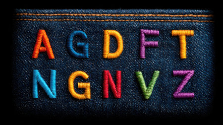 Alphabet letters A to Z stitched in colorful thread on denim fabric, close-up with textured background and spaceの素材