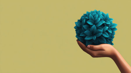 Abstract hand icon holding Earth with green foliage, symbolizing conservation values and environmental care with copy spaceの素材