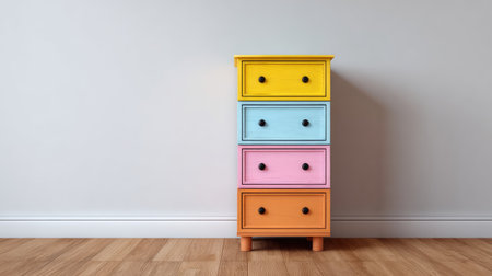 Bright pastel cabinet drawers in a children's room corner, playful storage solution with copy spaceの素材