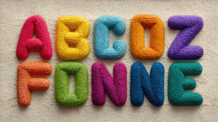 Alphabet letters A to Z made of colorful yarn on knitted fabric background, cozy texture with spaceの素材