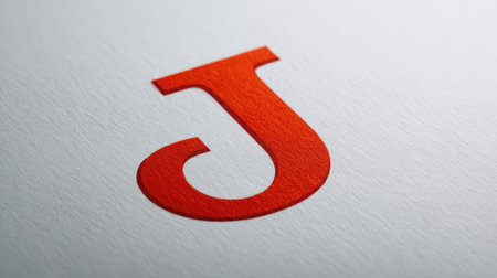 Bold red letter J printed on smooth paper, top view with ample negative spaceの素材