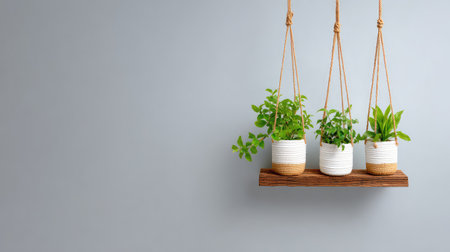 Artistic wall decorated with hanging planters and macrame shelves, natural textures and clean composition with copy spaceの素材