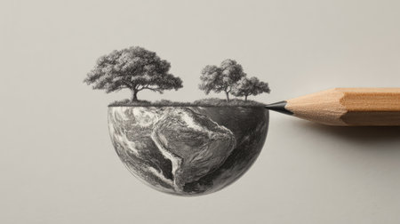A pencil sketch of Earth transforming into real nature, idea of creative solutions shaping the planet with copy spaceの素材