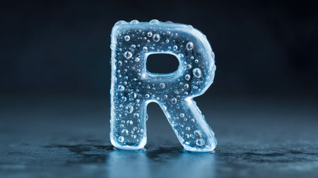 Close-up of letter R carved out of ice with water droplets, cool and refreshing concept with spaceの素材