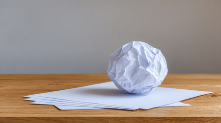 A single crumpled paper ball among flat blank sheets on a desk, metaphor for brainstorming and failed ideas, with space around for designの素材