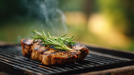 Charcoal-grilled steak under natural light with rustic background and herbs scattered, outdoor barbecue feel with copy spaceの素材