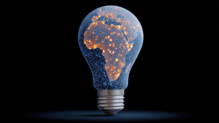 A light bulb emitting a map of the Earth in glowing particles, symbol of global ideas and invention with spaceの素材