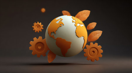 A glowing Earth icon surrounded by floating eco tools and gears, creative solutions and sustainability theme with spaceの素材