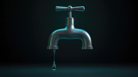 A water tap with a single droplet falling, glowing faintly over dark background, symbol of water-saving and conservationの素材